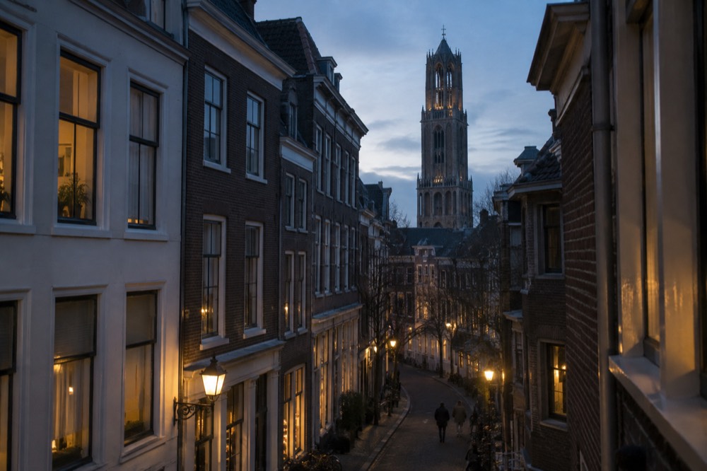 The Dom Tower seen from a narrow street in central Utrecht at dusk