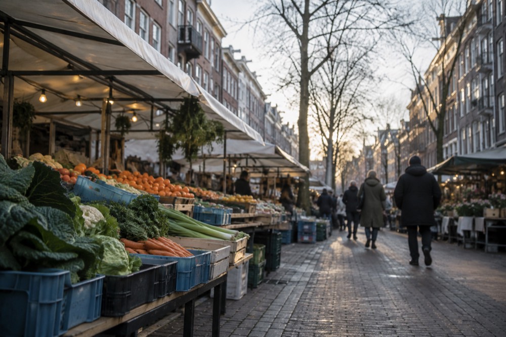Market stalls along Dapperstraat in the Dapperbuurt with awnings and produce