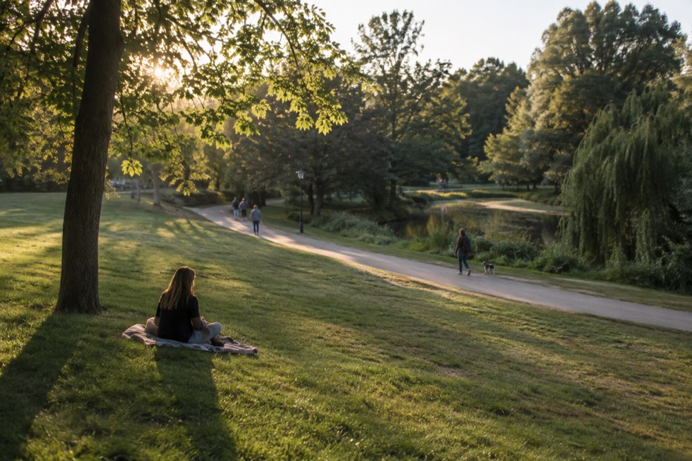 Open green lawn in Vondelpark with trees and a winding footpath in morning light