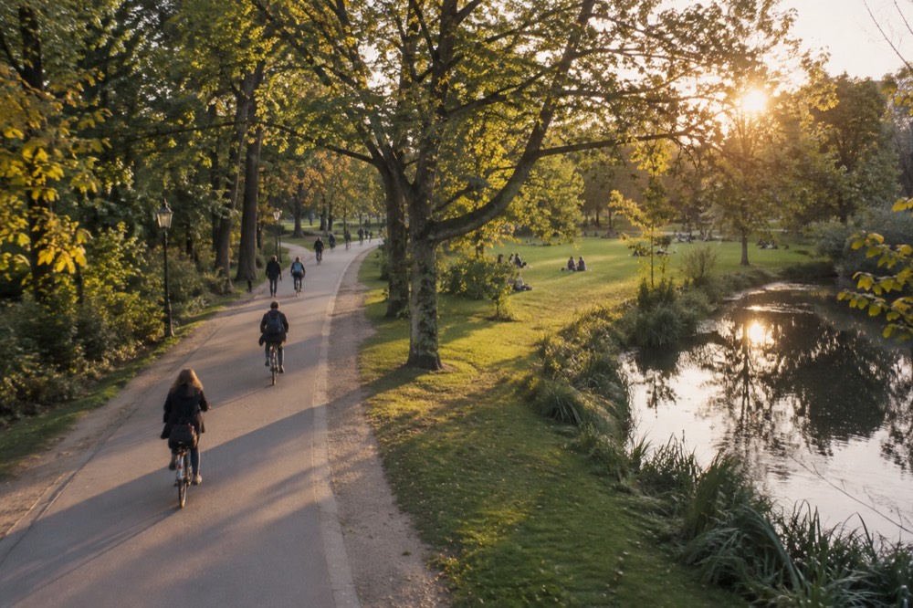 Tree-lined path through the Vondelpark with cyclists and open green lawns
