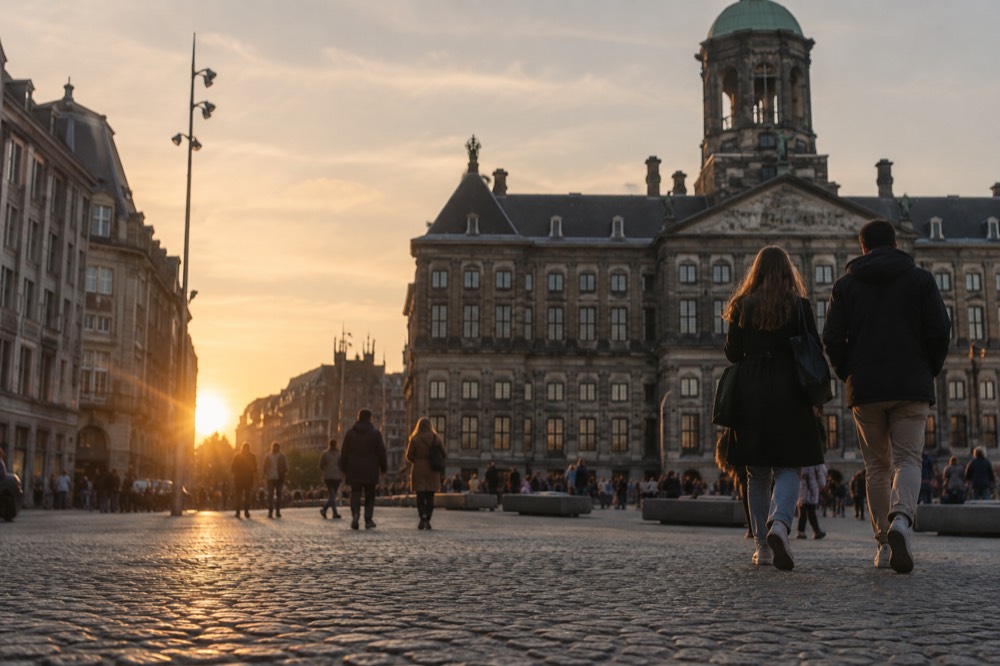 The approach to Dam Square, with bicycles leaning against the railings