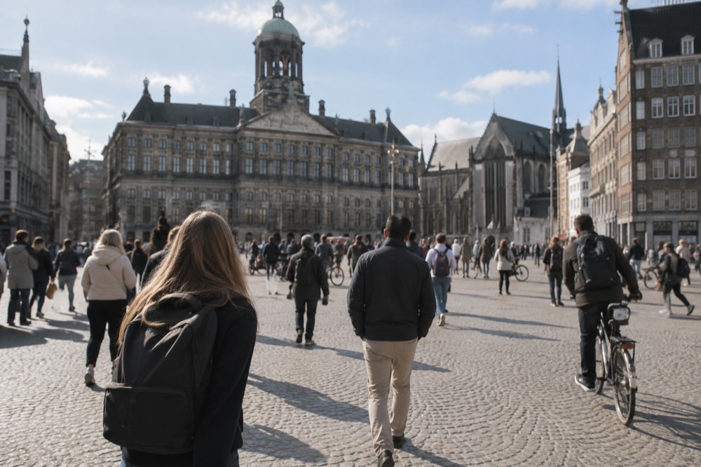 People walking past Dam Square, seen from across the street