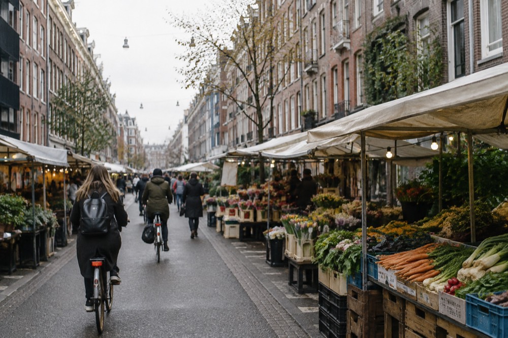 Market stalls with awnings along a busy street with bicycles passing in the foreground