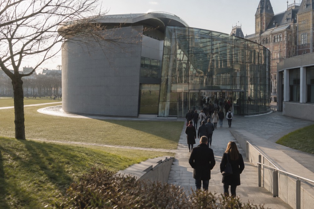 Visitors walking toward the modern glass entrance hall of the Van Gogh Museum