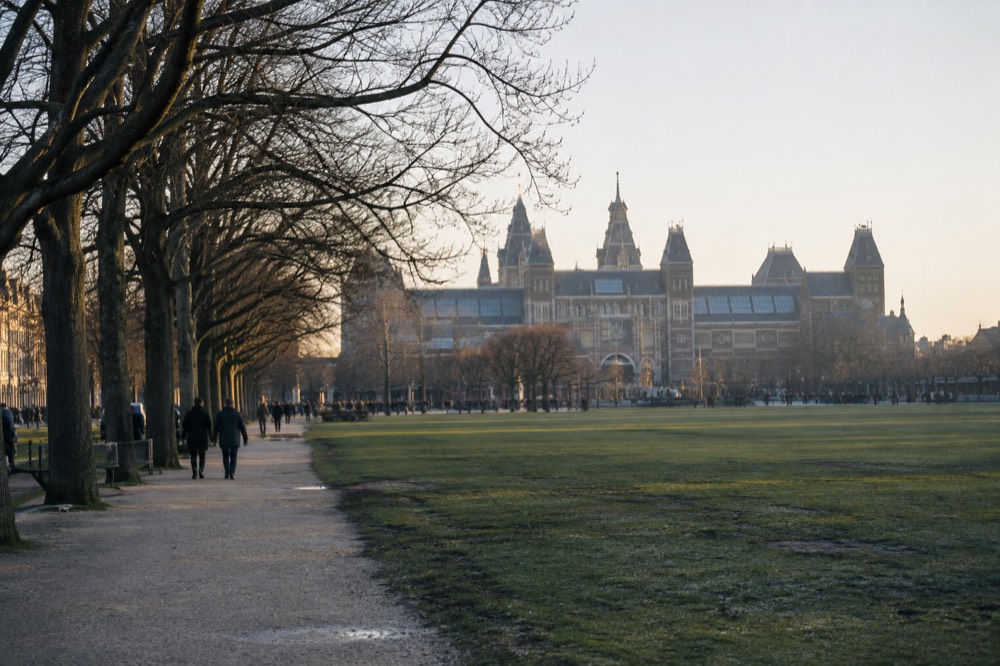 The open lawn of Museumplein with the Rijksmuseum tower visible beyond the trees