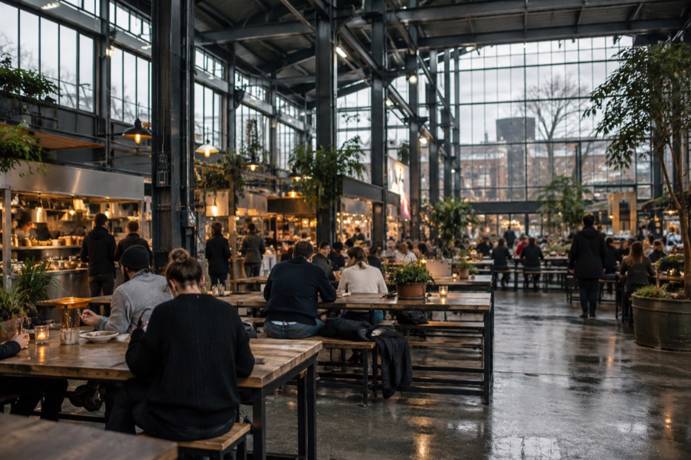 A food hall interior with industrial steel beams, food stalls and people seated at long wooden tables