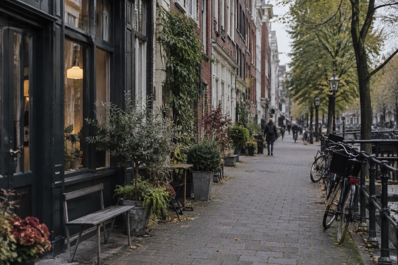 A quiet Amsterdam street with narrow brick houses, bicycles parked against a railing and small shops along the pavement
