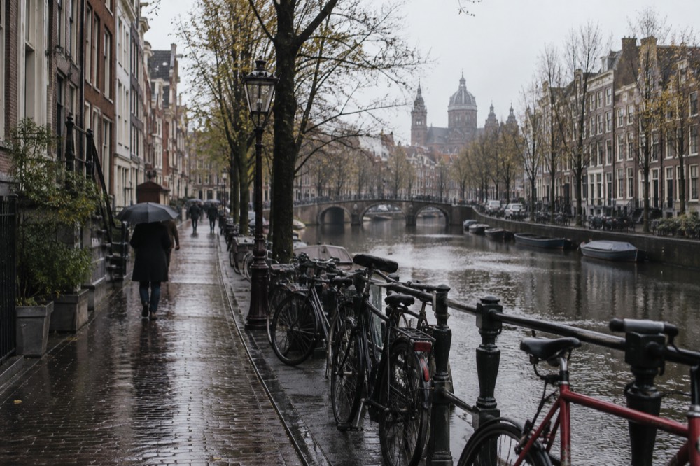 Bicycles and canal houses along a quiet stretch of the Prinsengracht