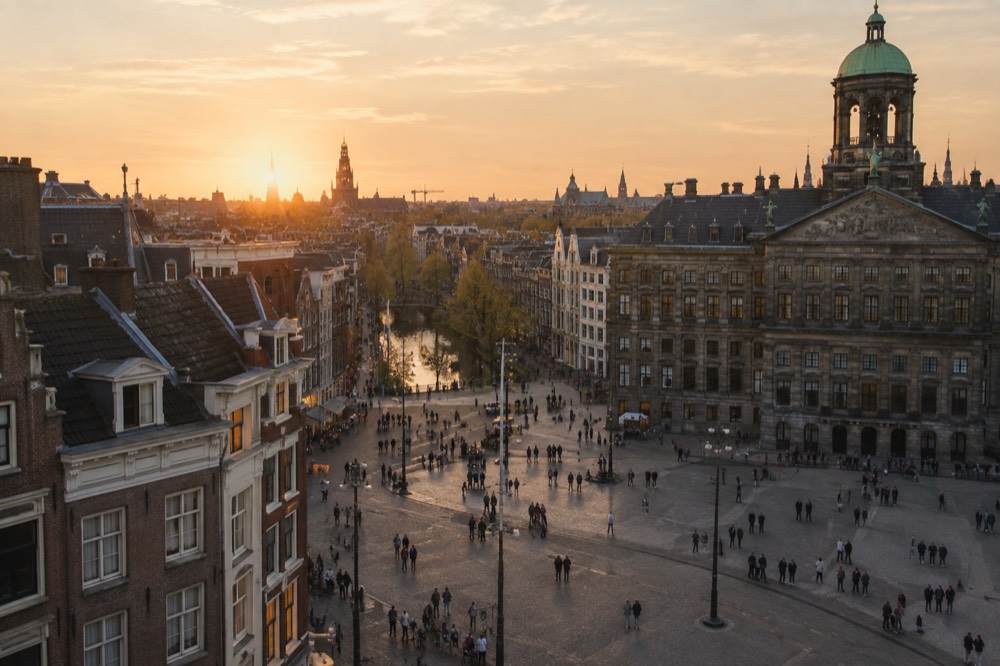 A street-level view of Dam Square on an ordinary weekday morning