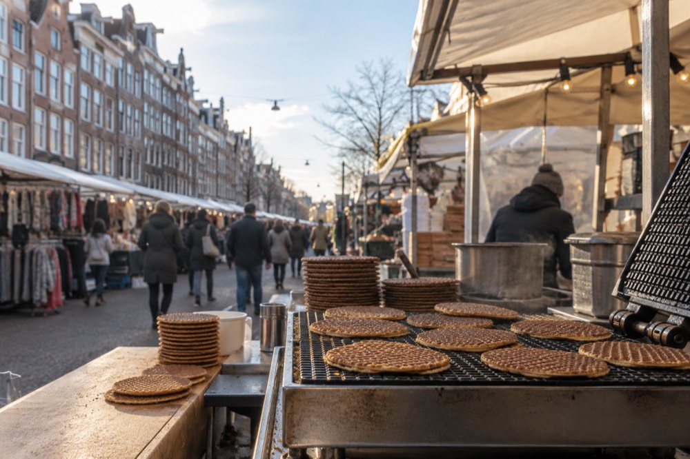 Freshly made stroopwafels cooling on a waffle iron at a market stall