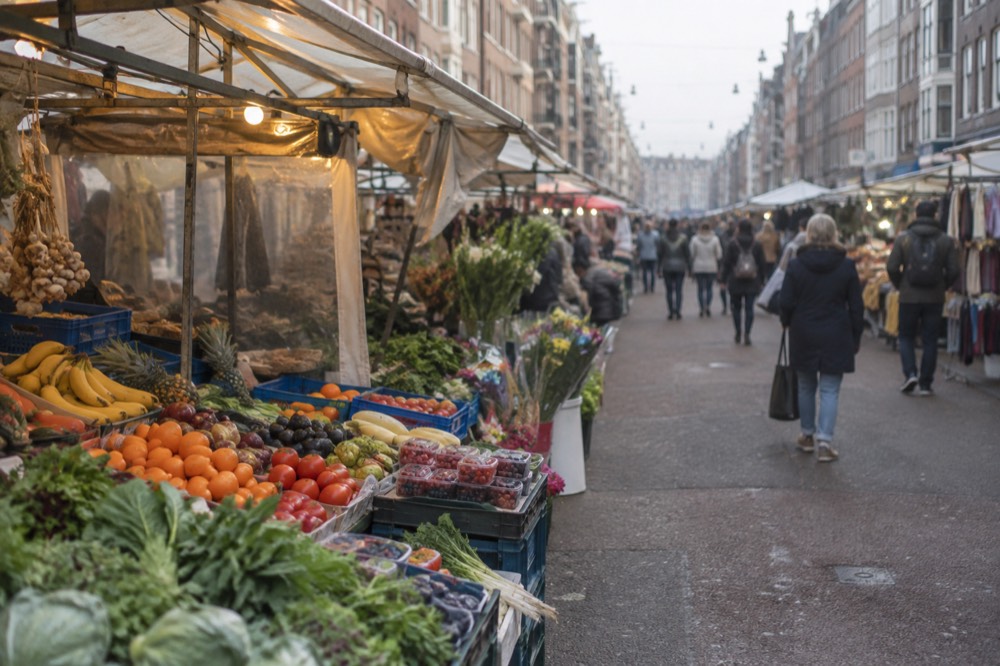 A quiet corner of Albert Cuyp Market with trees overhanging the water