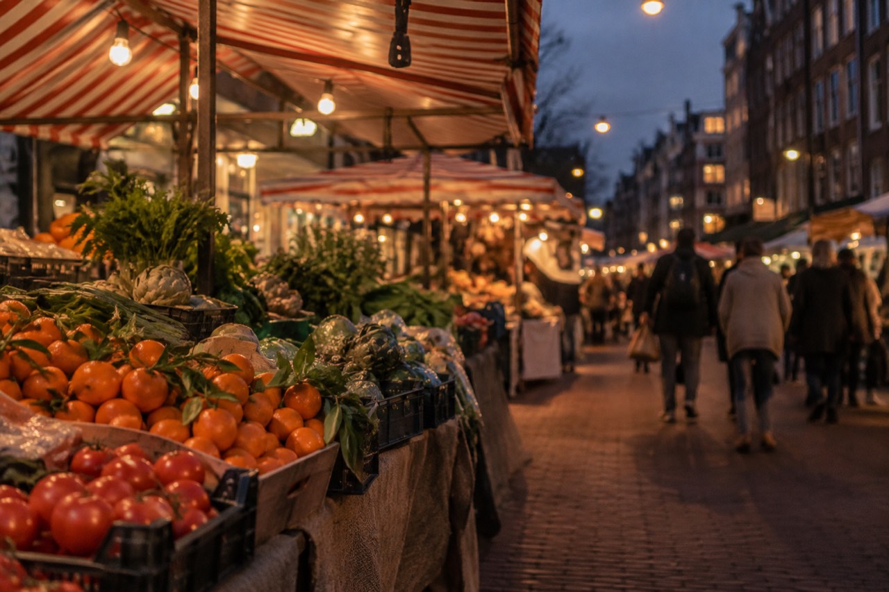 Market stalls with striped awnings along a Amsterdam street in De Pijp