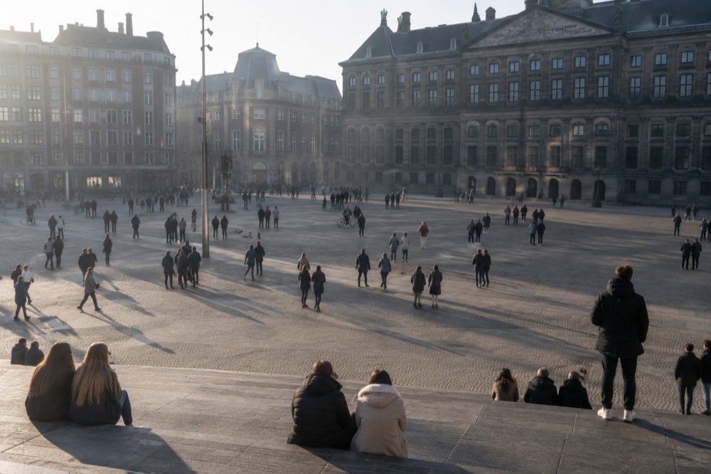 The waterfront near Dam Square under a broad grey northern sky