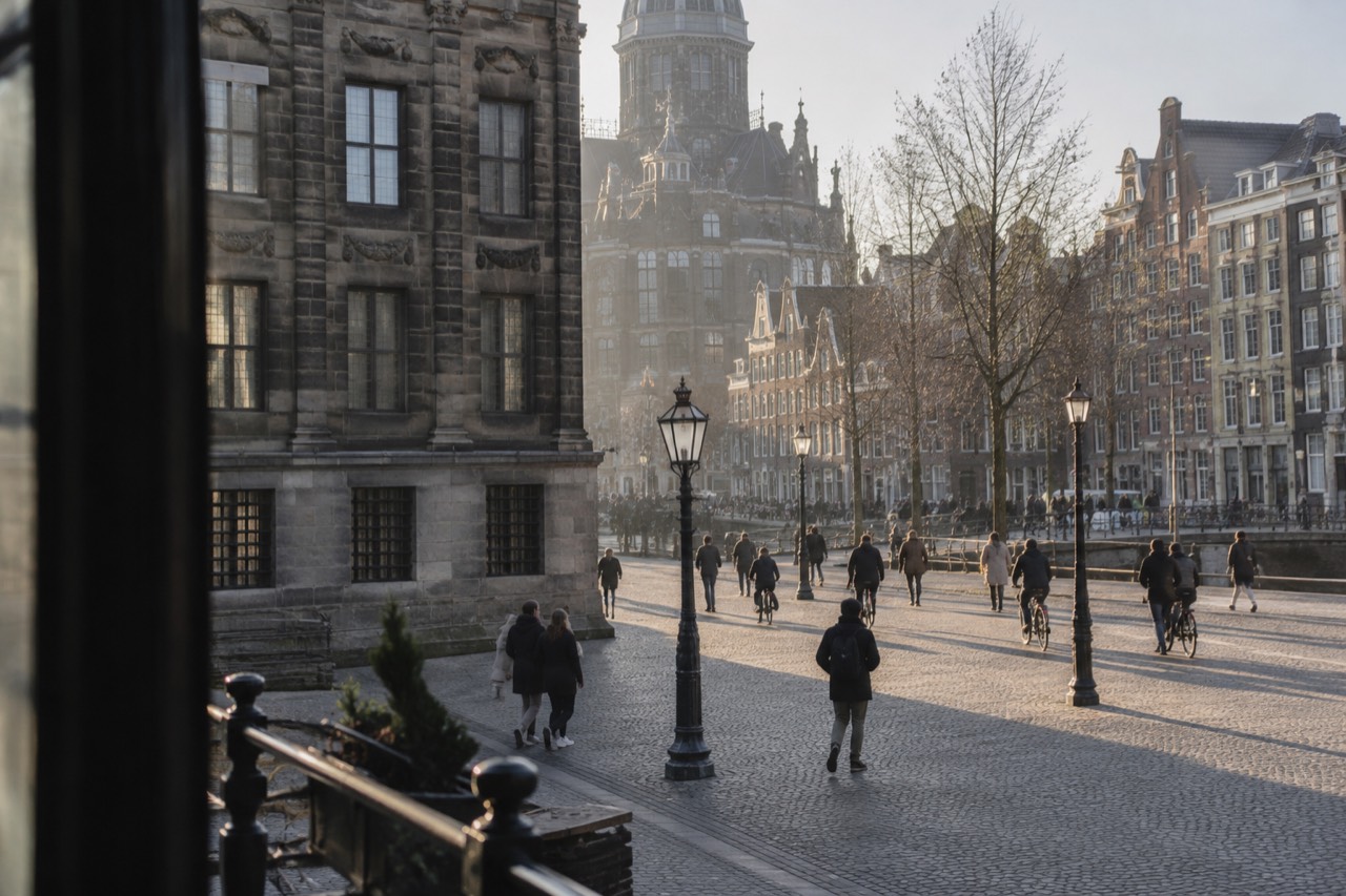 Historic canal-side building facade on a busy Amsterdam street in daylight