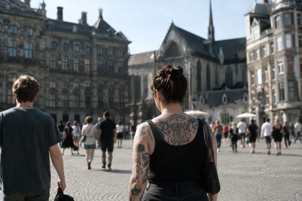 The frontage of Dam Square viewed from the opposite bank