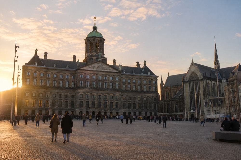The approach to Dam Square, with bicycles leaning against the railings