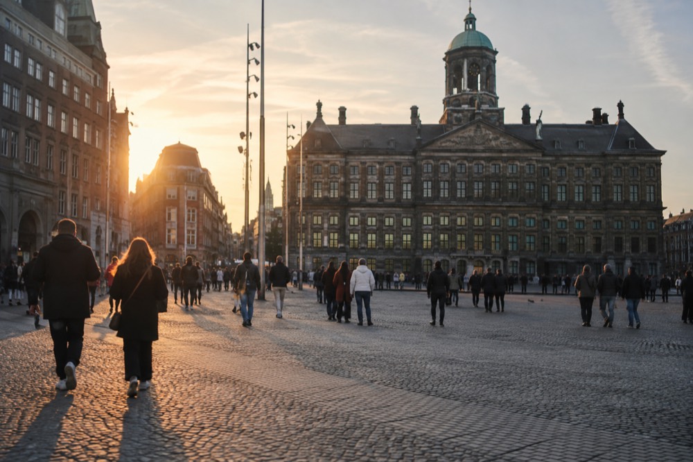 A canal bridge and moored boats close to Dam Square