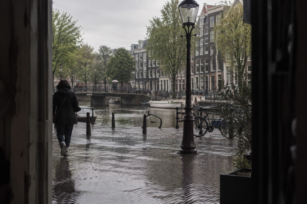 A quiet corner of Anne Frank House with trees overhanging the water