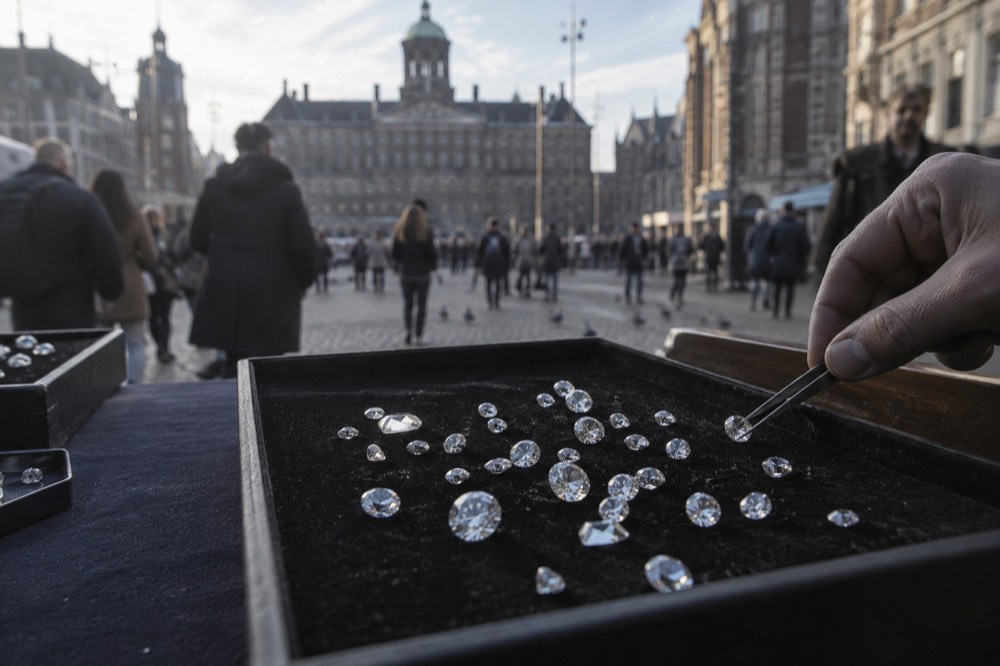 Loose cut diamonds arranged on a dark display tray