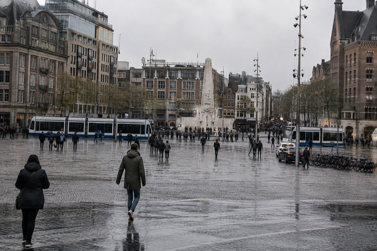 Dam Square seen from the Royal Palace steps, with the National Monument and passing trams
