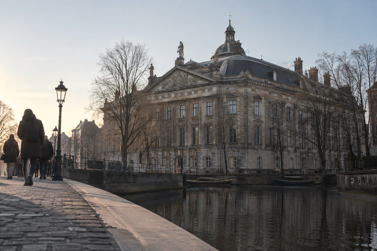 Classical facade of a canal-side museum building on the Amstel river in Amsterdam