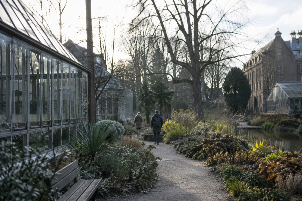 People walking past Hortus Botanicus, seen from across the street