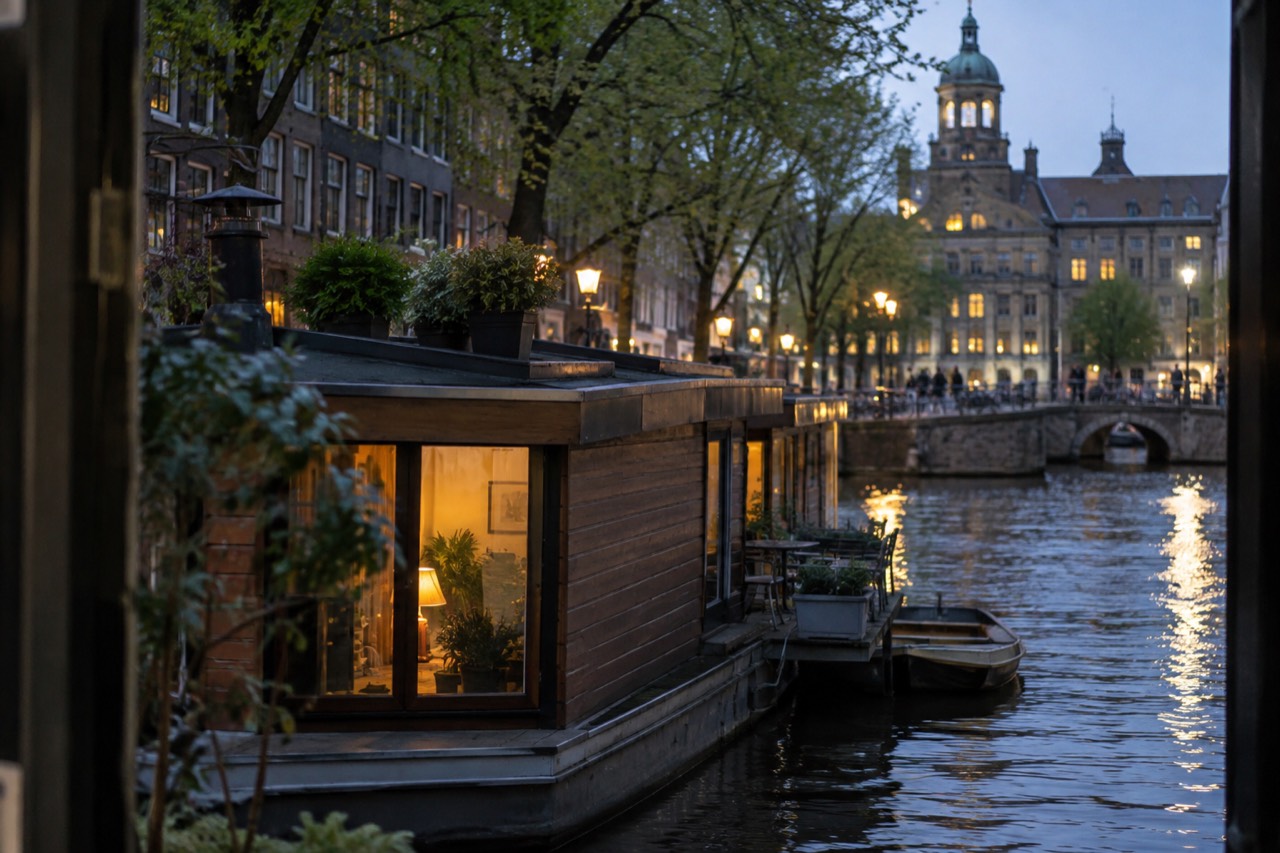 A wooden houseboat moored along a tree-lined Amsterdam canal