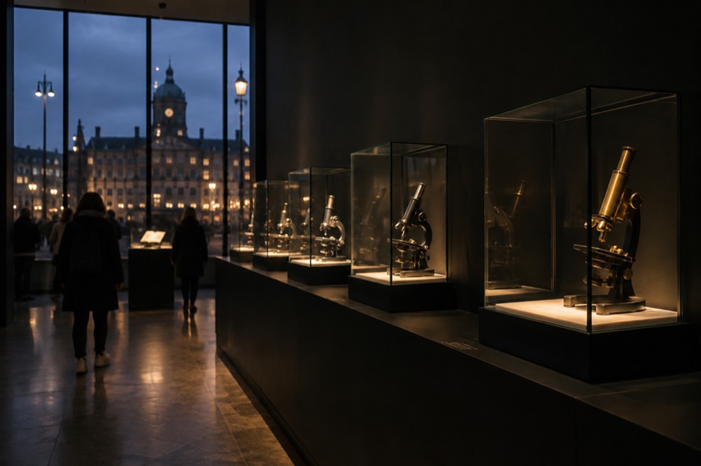 Row of illuminated microscopes along a dark wall inside a museum gallery