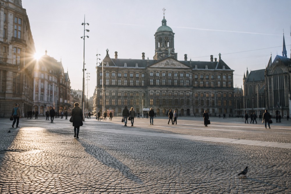 The approach to Dam Square, with bicycles leaning against the railings