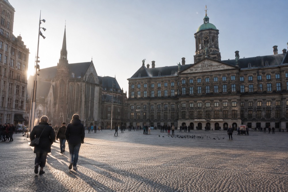 A quiet corner of Dam Square with trees overhanging the water