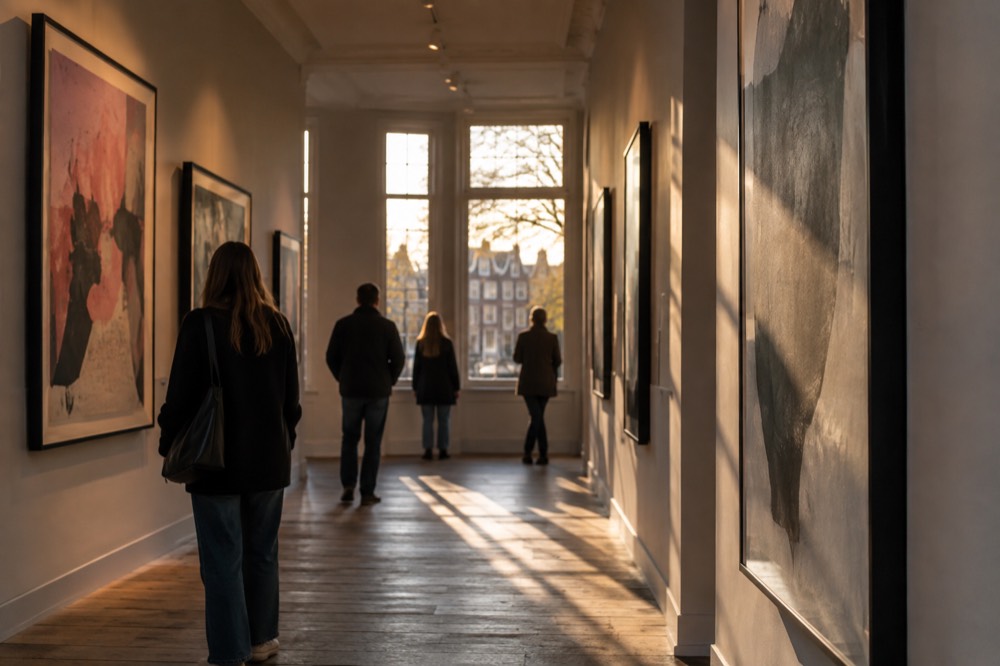 Visitors viewing large framed artworks along a narrow museum corridor with wooden floors