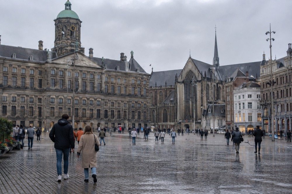 A canal bridge and moored boats close to Dam Square