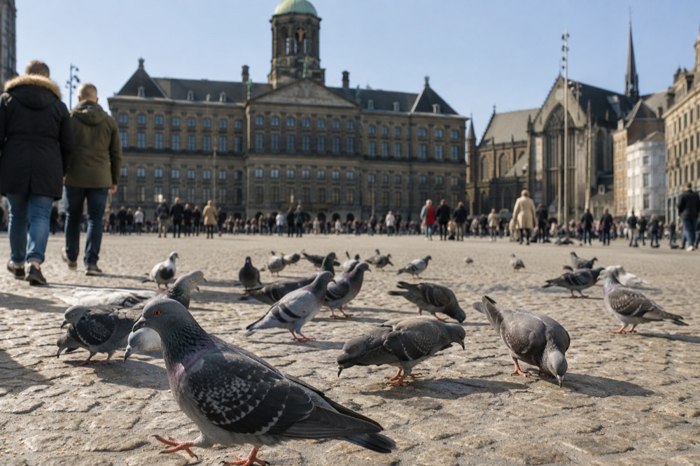 Low winter sun across the rooftops near Dam Square