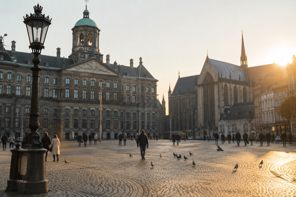 Dam Square in morning light with the Nieuwe Kerk and Royal Palace facades