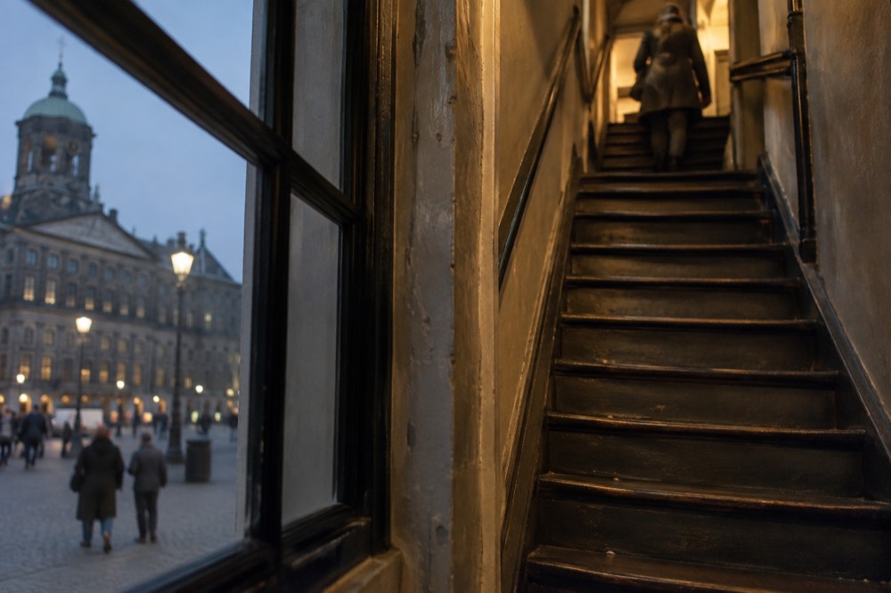 A narrow original staircase inside a seventeenth-century Amsterdam canal house museum
