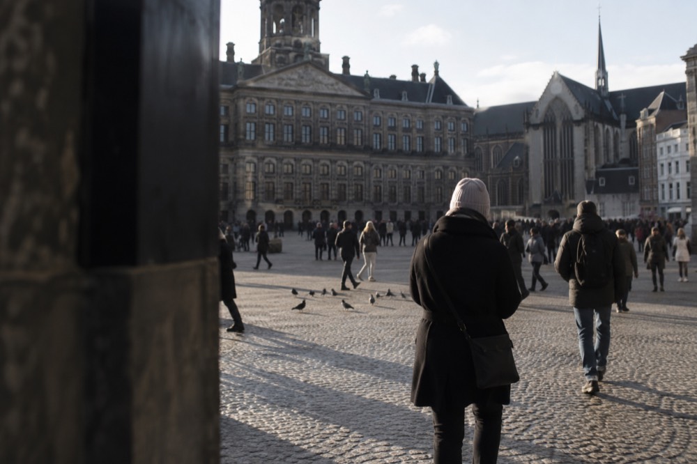 People walking past Dam Square, seen from across the street