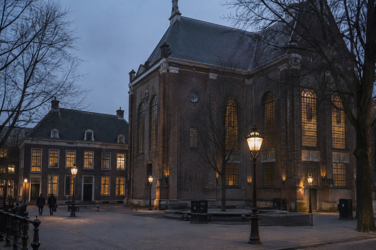 A tall brick synagogue building with arched windows beside a quiet Amsterdam square