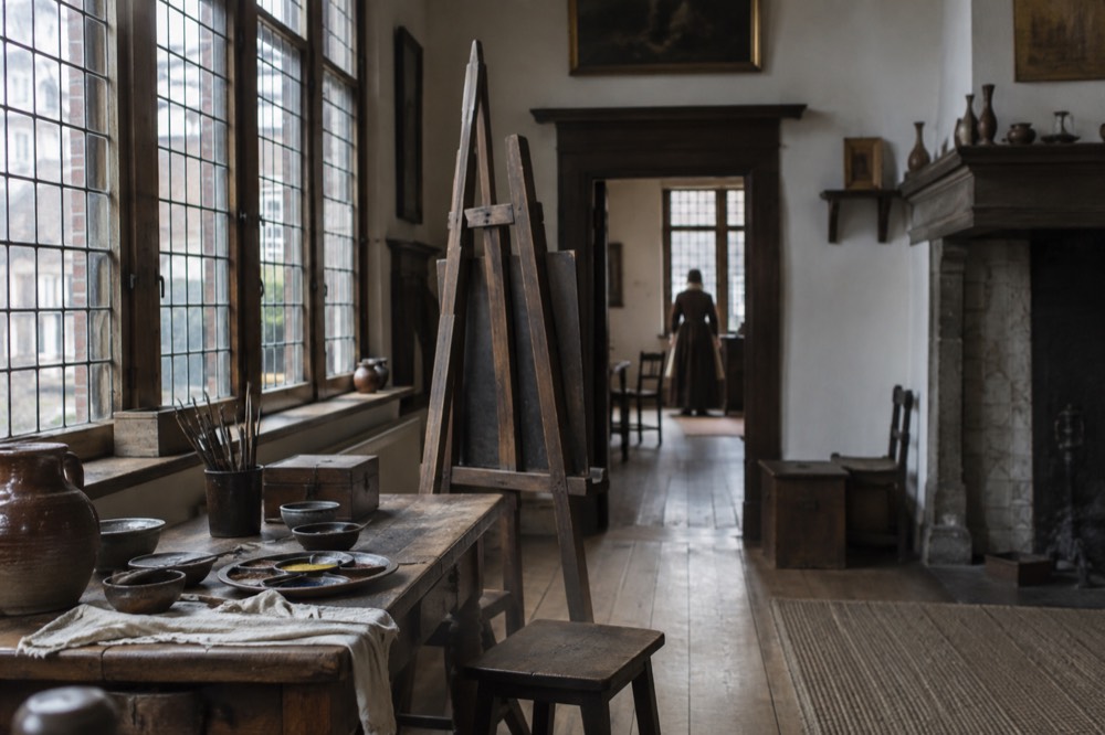 A 17th-century canal house interior with a wooden easel, paint pots and tall leaded windows