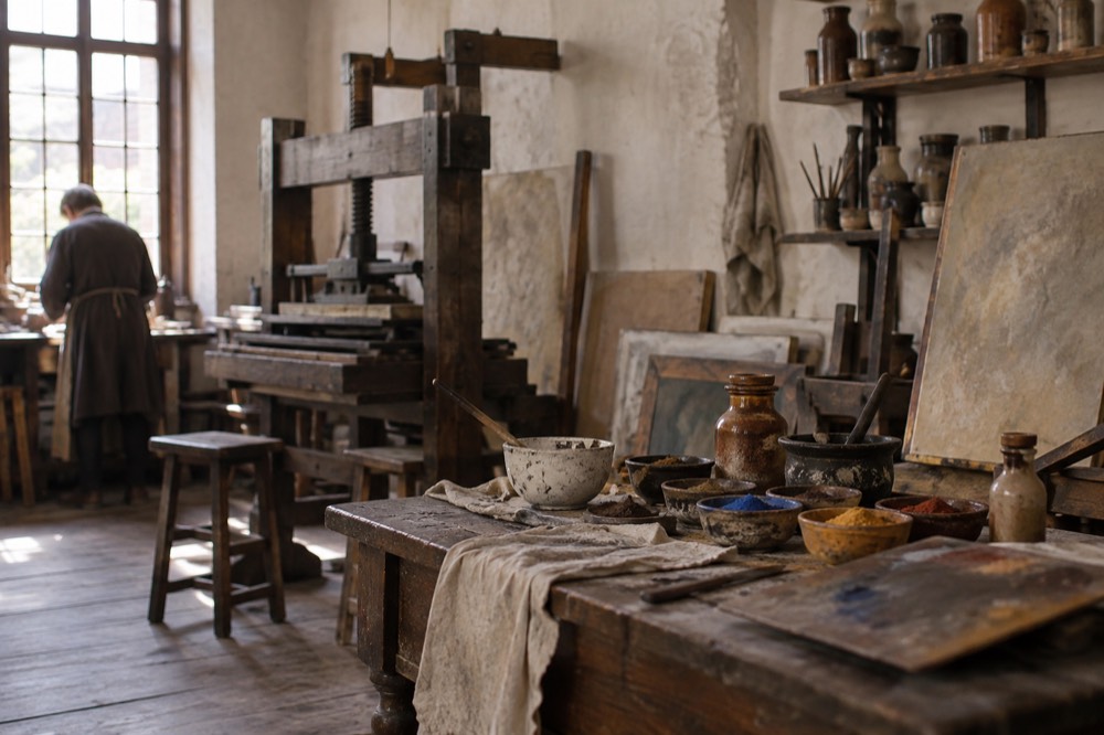 A historical artist's studio with a wooden press, jars of pigment and canvases against a plastered wall