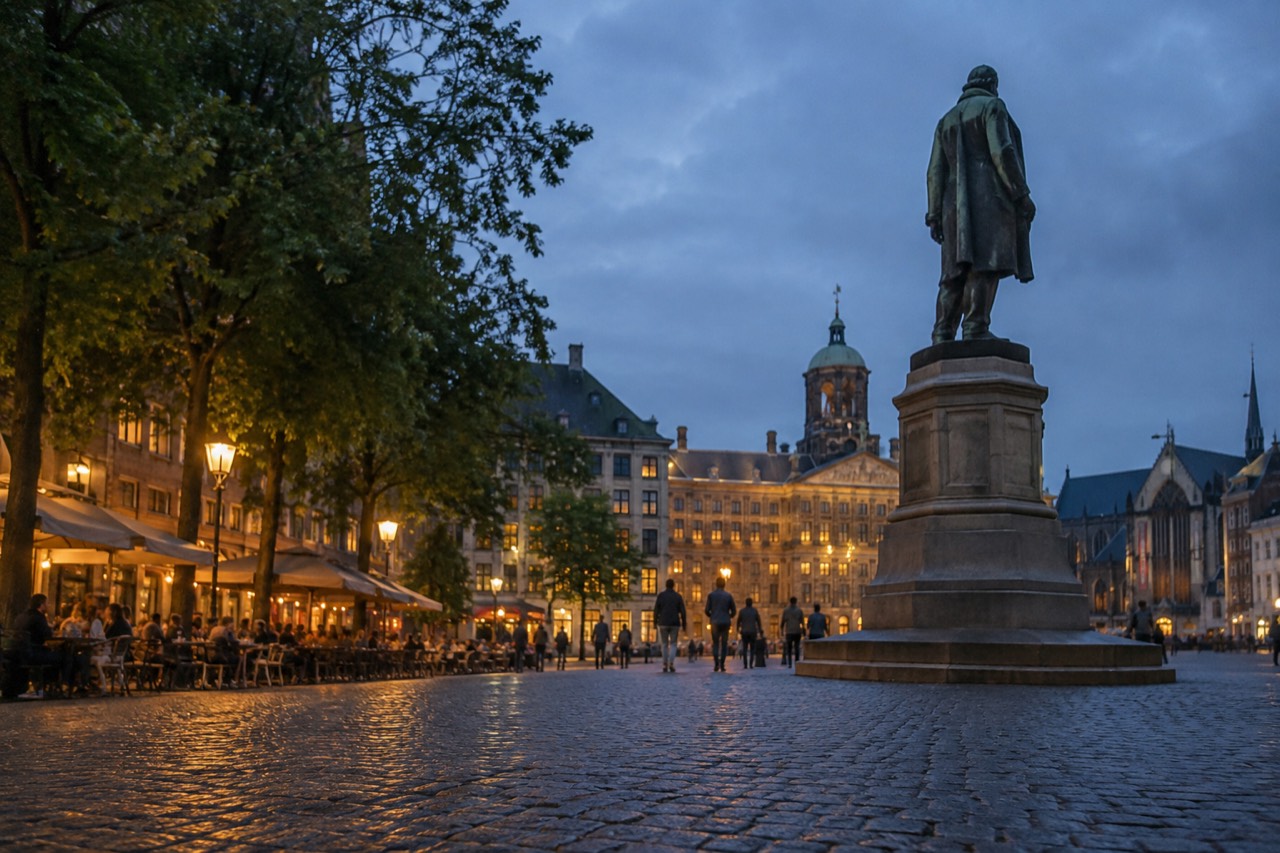 A cobbled city square with a bronze statue on a stone pedestal and cafe terraces along the edge under tall trees