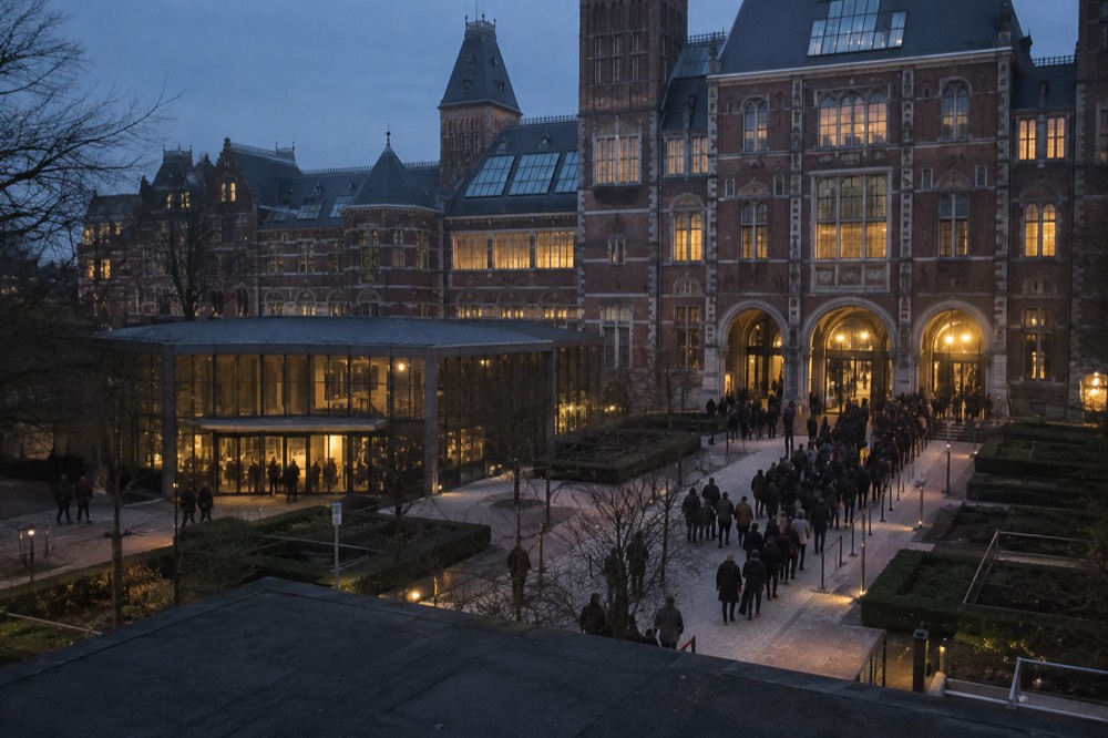 People walking past Rijksmuseum, seen from across the street