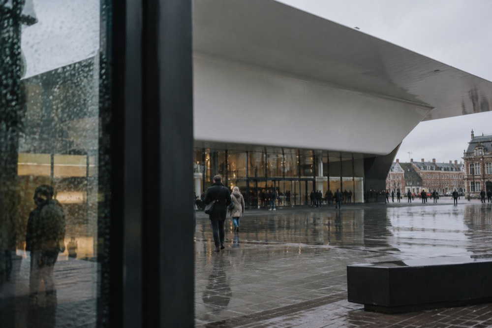 A street-level view of Stedelijk Museum on an ordinary weekday morning