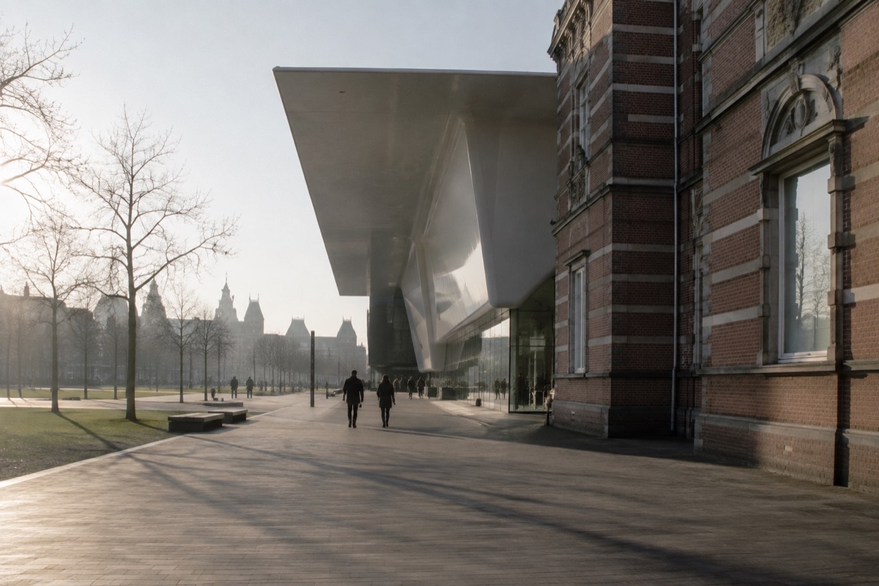 The brick and white entrance building of the Stedelijk Museum beside the Museumplein in Amsterdam