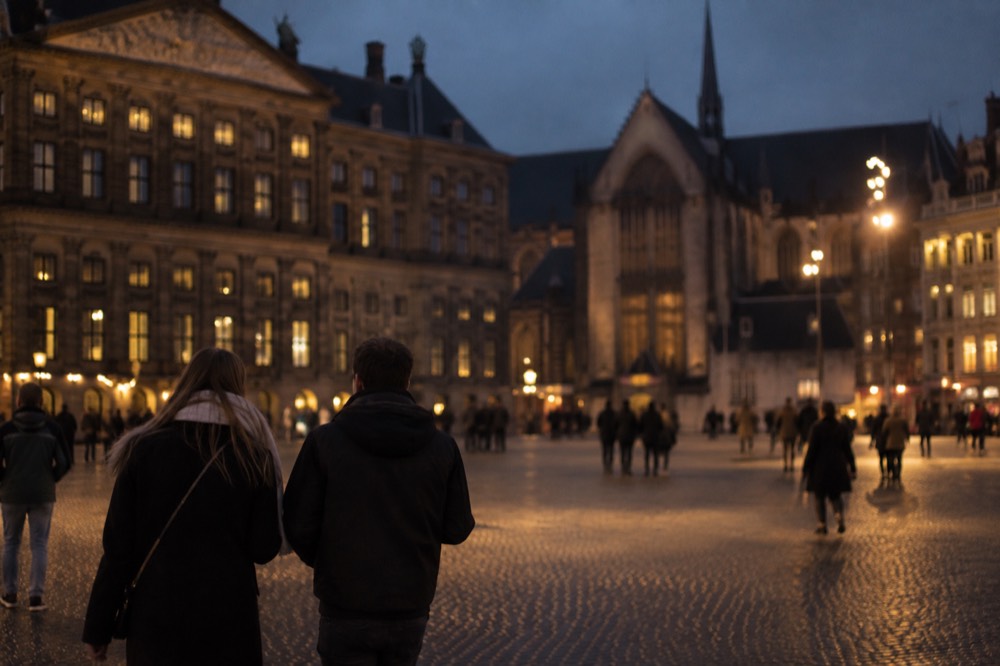 Brick facades and a quiet canal edge beside Dam Square