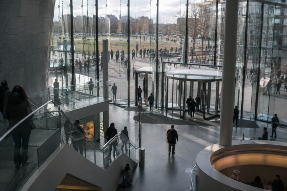 The glass entrance hall of the Van Gogh Museum on Museumplein in Amsterdam