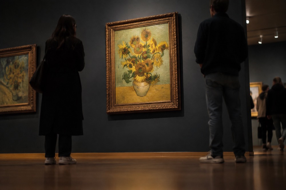 Sunflowers painting by Vincent van Gogh displayed in a gallery at the Van Gogh Museum