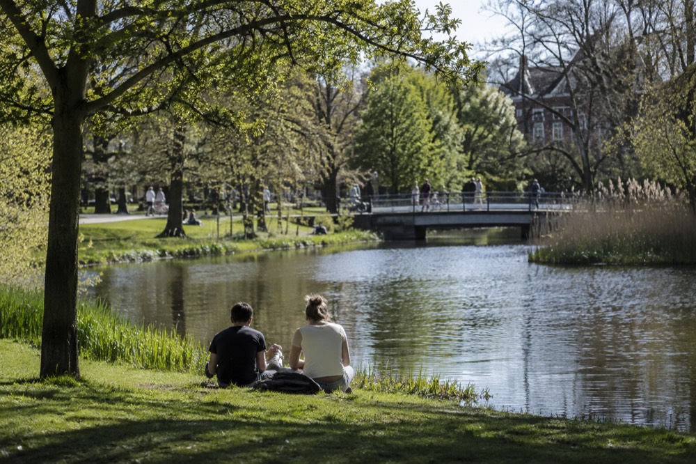 A wide view across the water towards Vondelpark