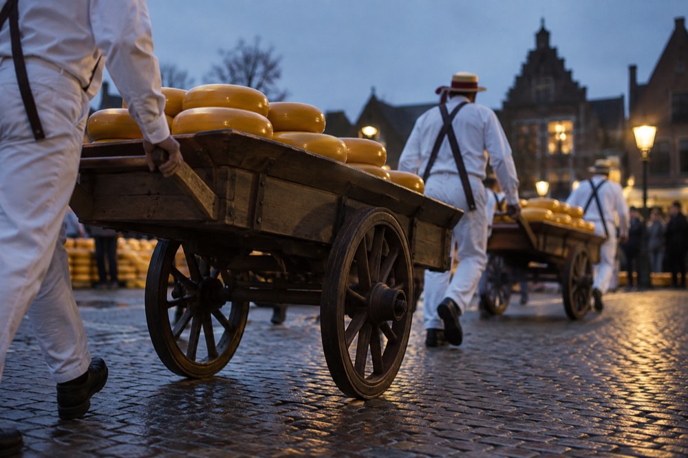 Cheese carriers in white uniforms carrying wooden barrows loaded with yellow cheese wheels across a cobblestone square