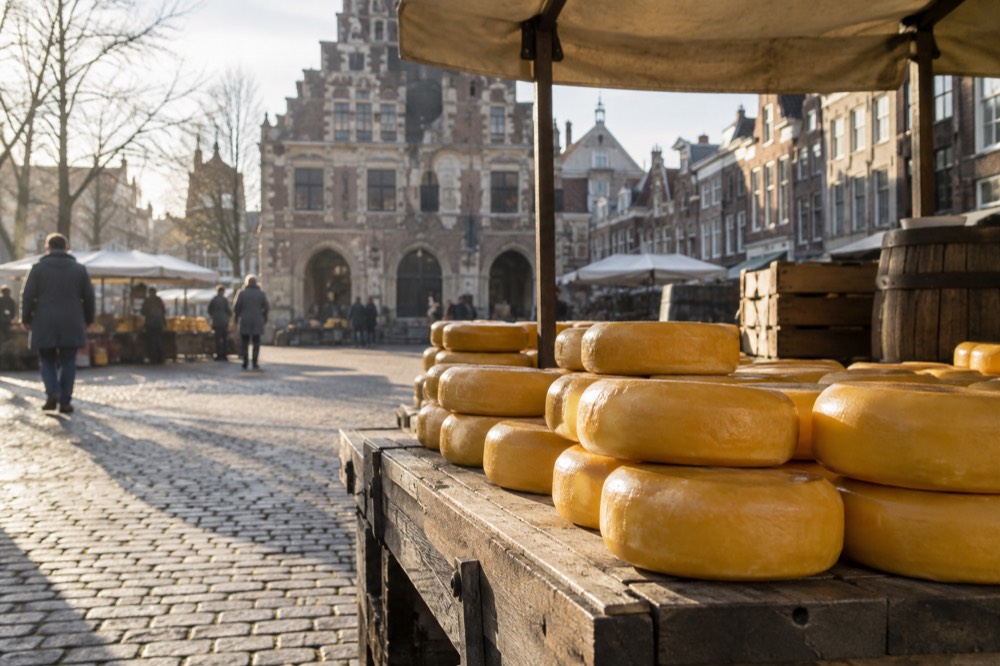 Yellow wheels of cheese stacked on a market stall beside a historic Dutch weighing house