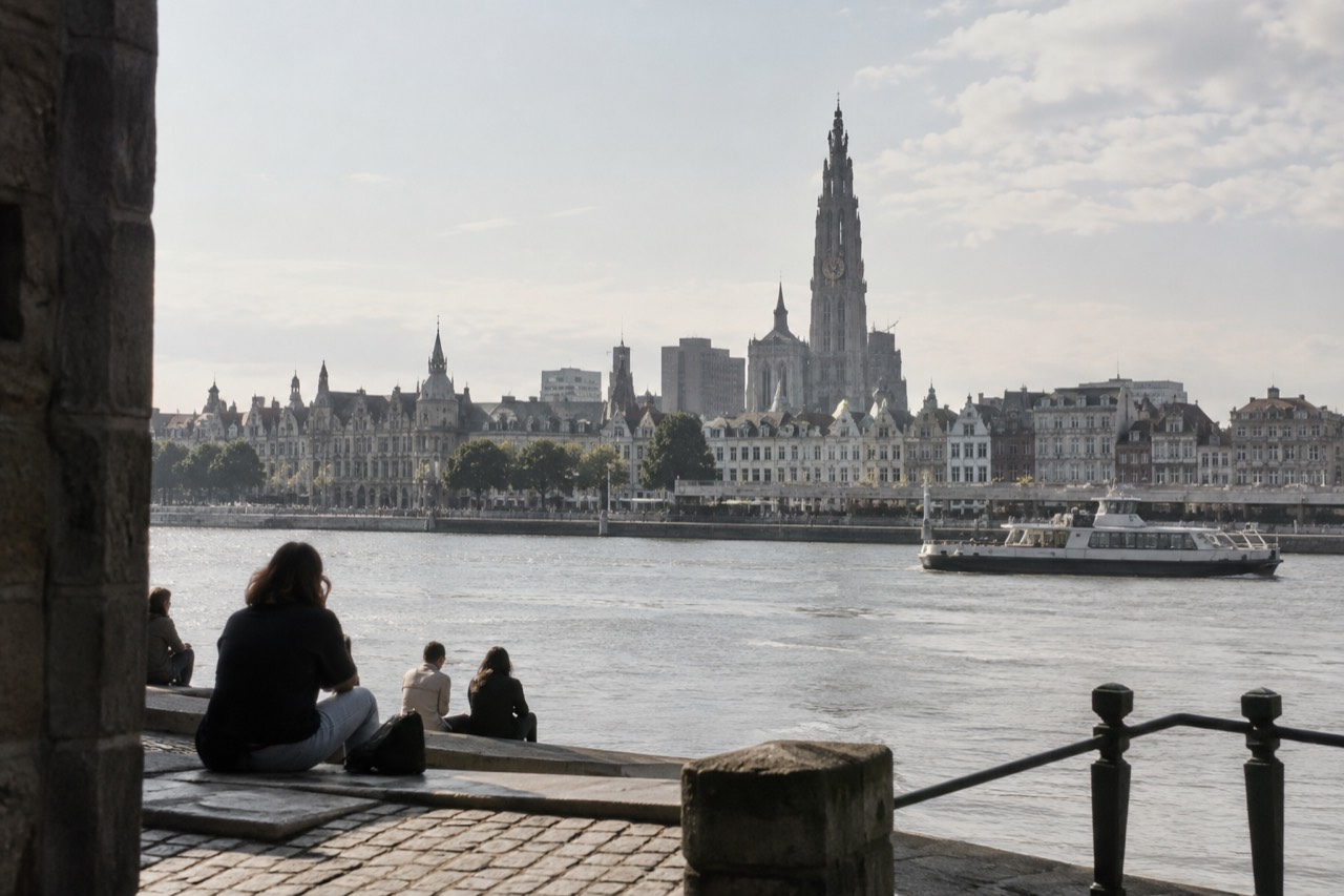 Historic guild houses beside a wide river in Antwerp under a bright sky